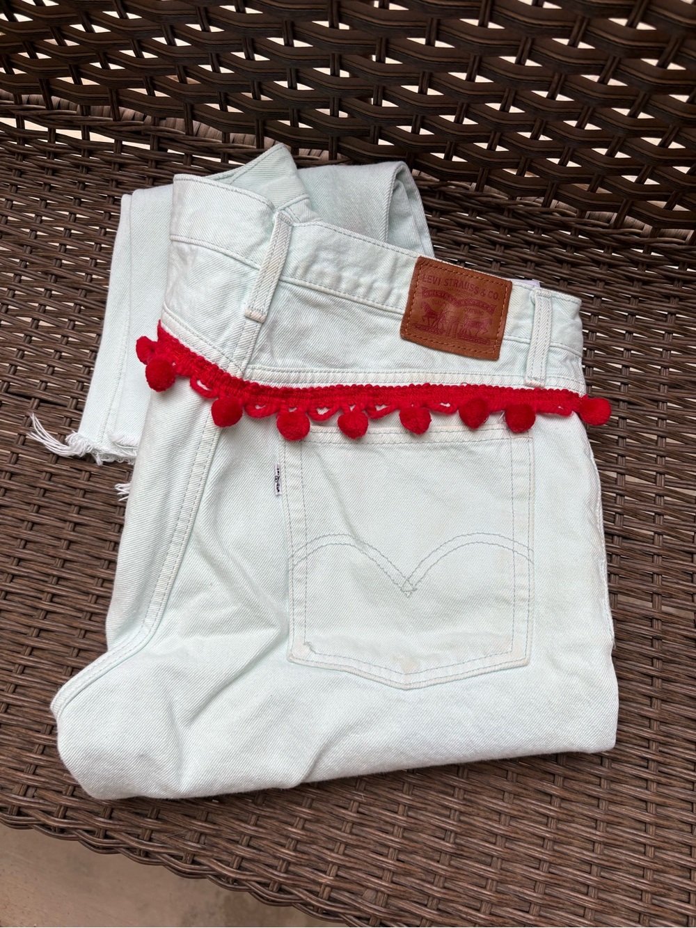 Light Green 100% Cotton High Waisted Ankle Jeans with Vintage Red Pom Trim - Picture 10 of 10